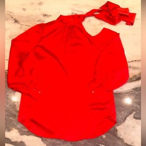 NWOT Love Tree Red High Collar Tie‎ Open Shoulder Balloon Sleeve Size Large